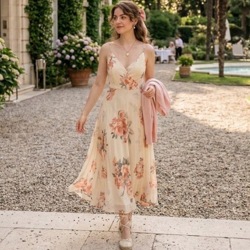 Lulus Floral Maxi Dress Large Cream Chiffon Boho Romantic Coquette Wedding Guest